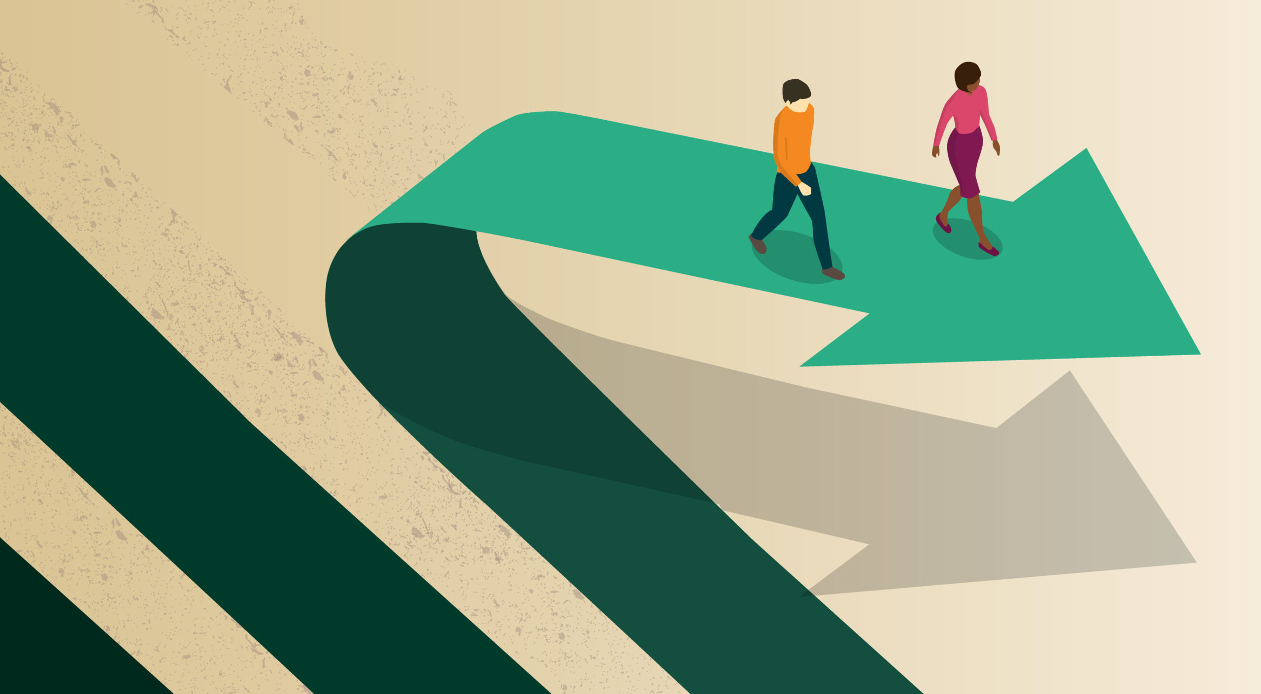 An illustration of two people choosing a new career and personal financial path